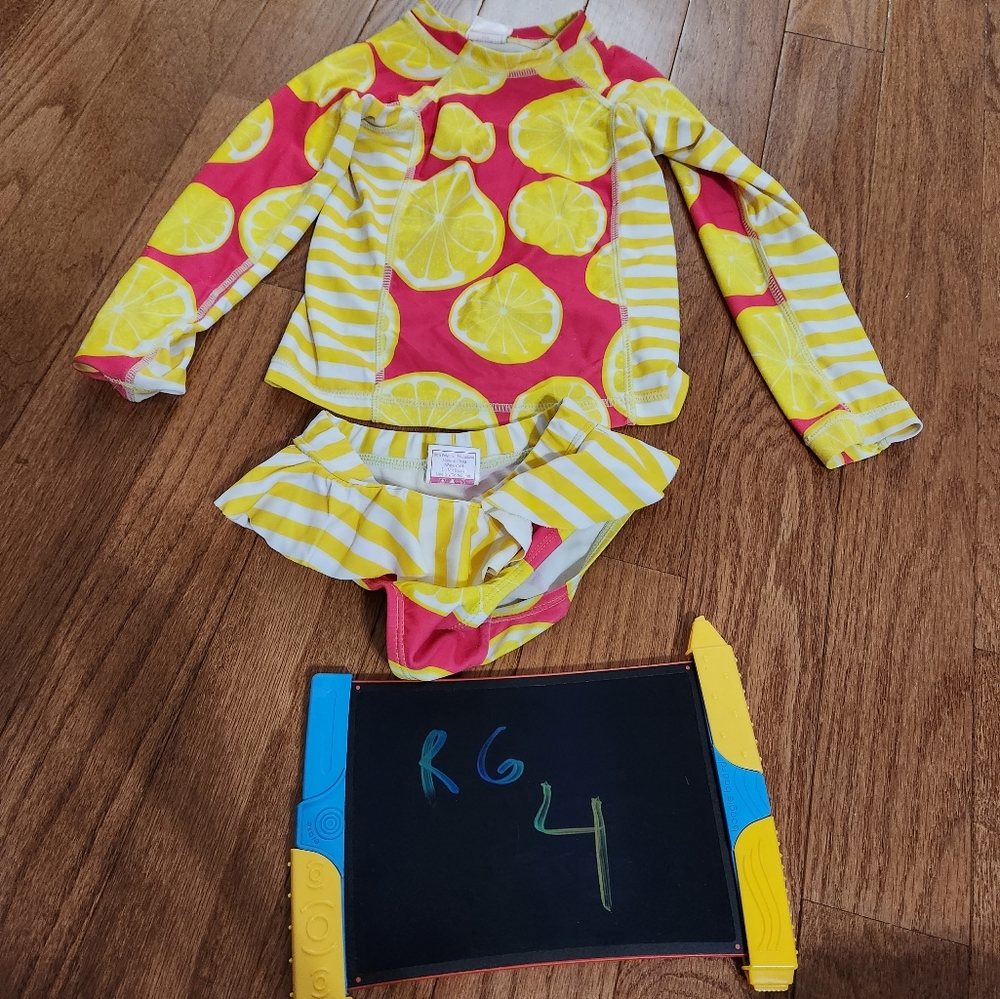 Ruffle girl lemon stripes swimsuit bathing suit size 4 rash guard